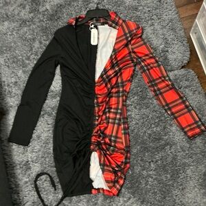 Half plaid half black mini scrunch dress